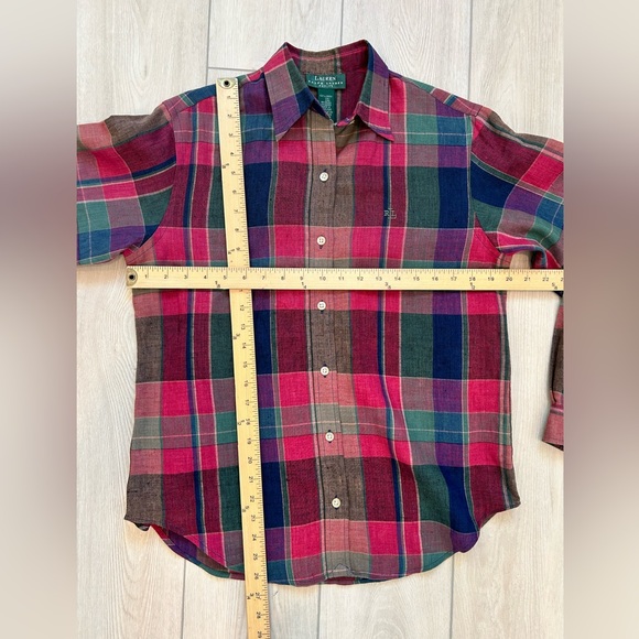 POLO  RALPH  LAUREN~ Plaid Linen Button-Up Shirt~ PETITE M - Picture 11 of 12